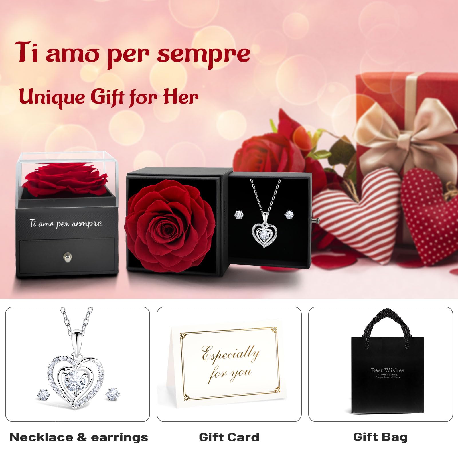 Yamonic Rosa Eterna Regalo Donna Rosa Stabilizzata Collana Argento 925