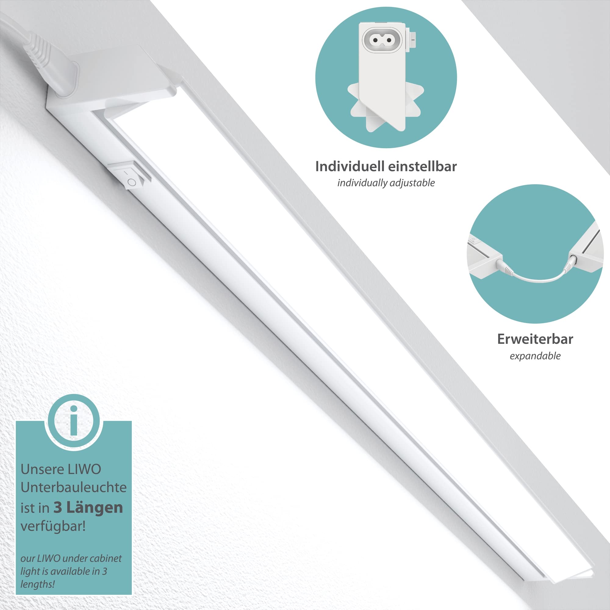 ledscom.de Lumière LED sous le comptoir LIWO 58cm, avec câble de raccordement, orientable, 1080lm, blanc