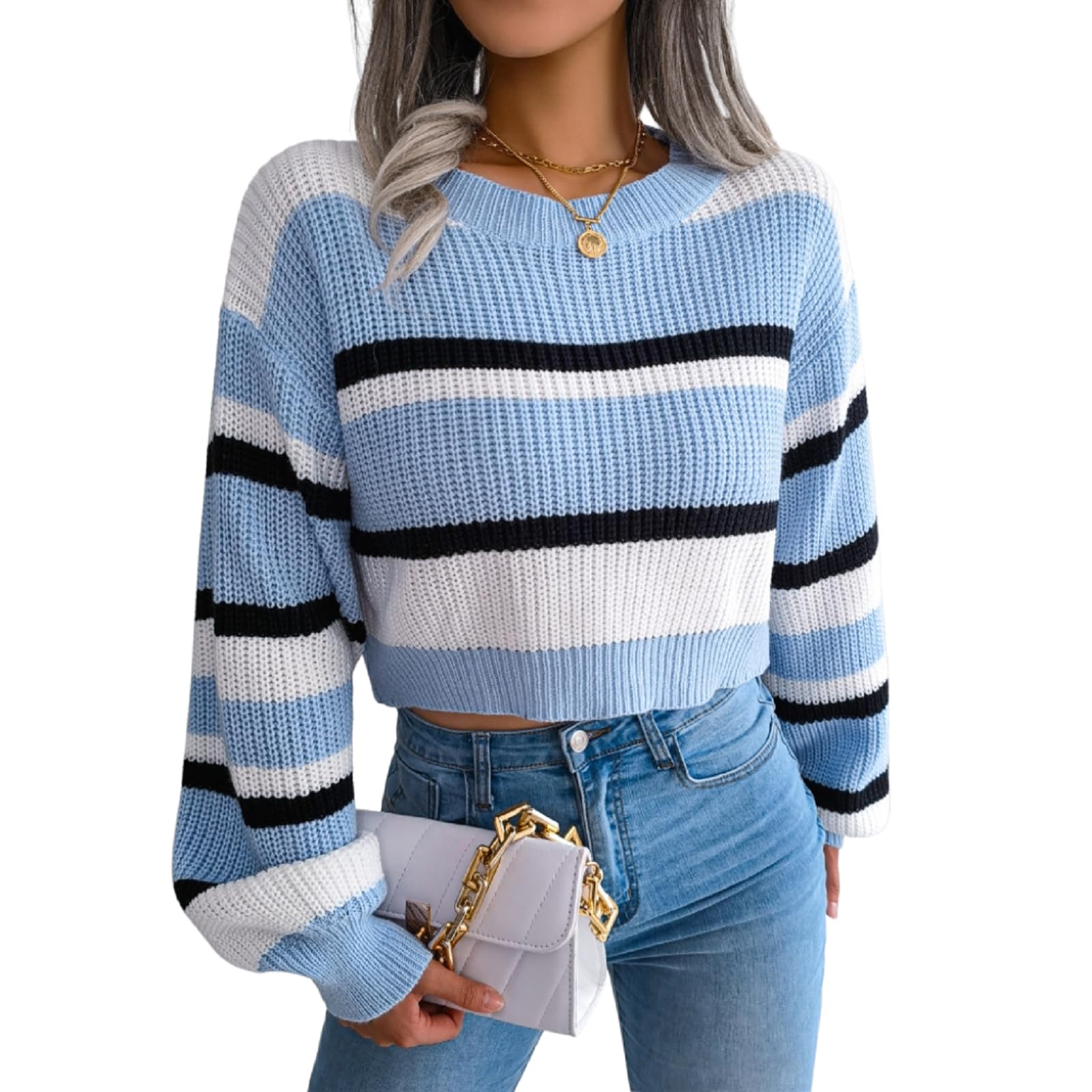 Womens Color Block Striped Sweater Crew Neck Long Sleeve Cropped Sweaters Casual Loose Knitted Tops