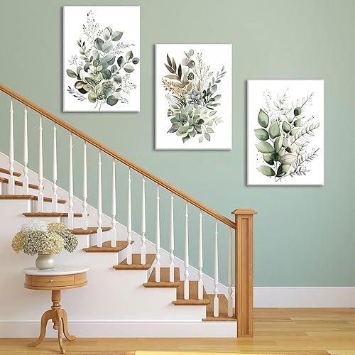 Miniatura 4 de Bwodke Arte Botánico de Pared Impresión de Plantas Florales de Acuarela en Lienzo Set de 3 Cuadros Enmarcados Pintura Verde Salvia Imagen de Hoja de