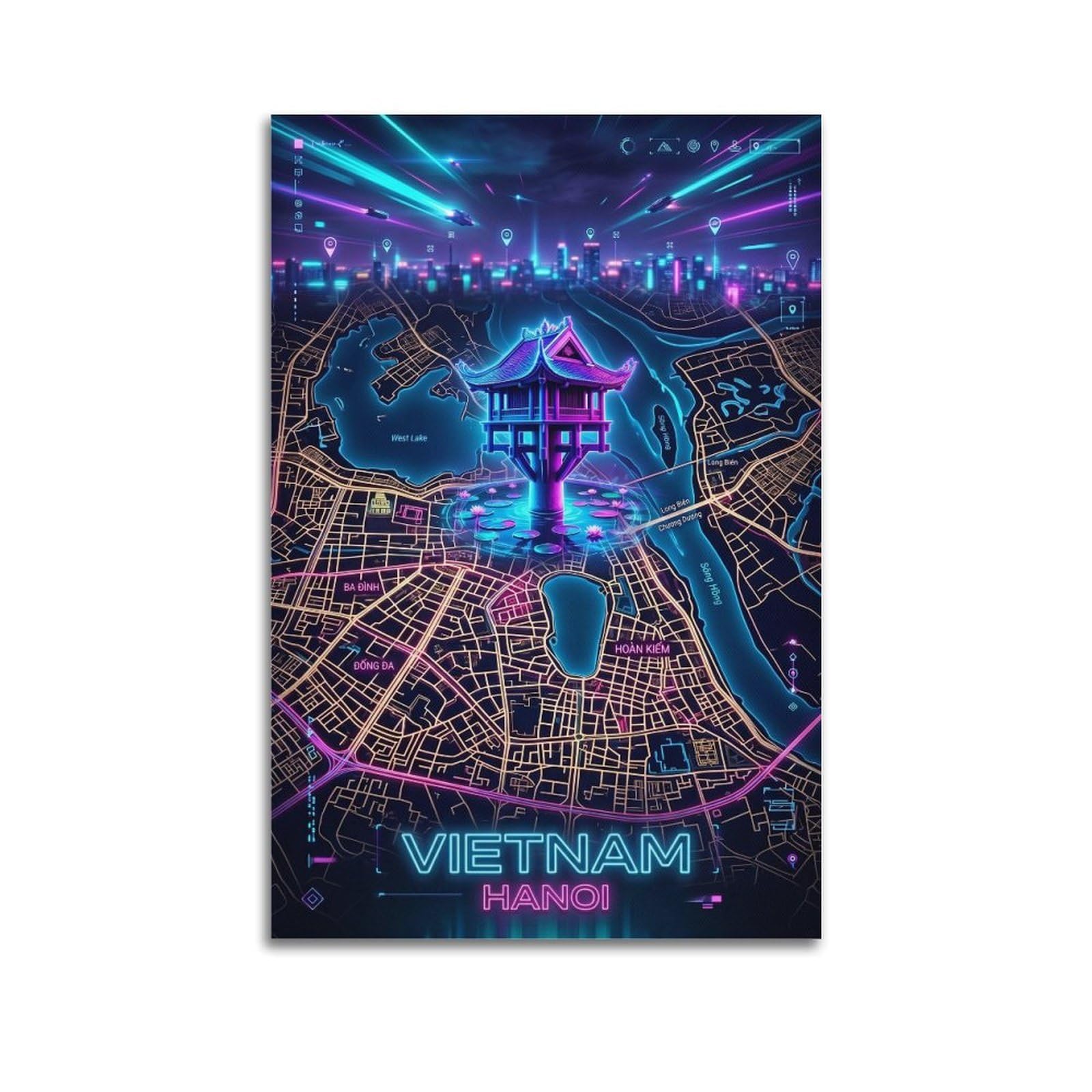 XKUGA Cyberpunk Style City Map Poster Vietnam Hanoi Modern Decorative Canvas Prints - Ideal Wall Art for Family, Man Cave, Game Room, Boys & Girls Bedroom 16x24inch(40x60cm)