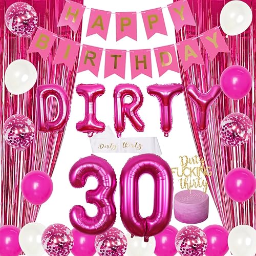 Miniatura 7 de Decoraciones de fiesta de cumpleaños número 30 plateado y negro, pancarta de los 30 Dirty Thirty Globo Dirty 30 Sash Cake Topper para ella Él 30