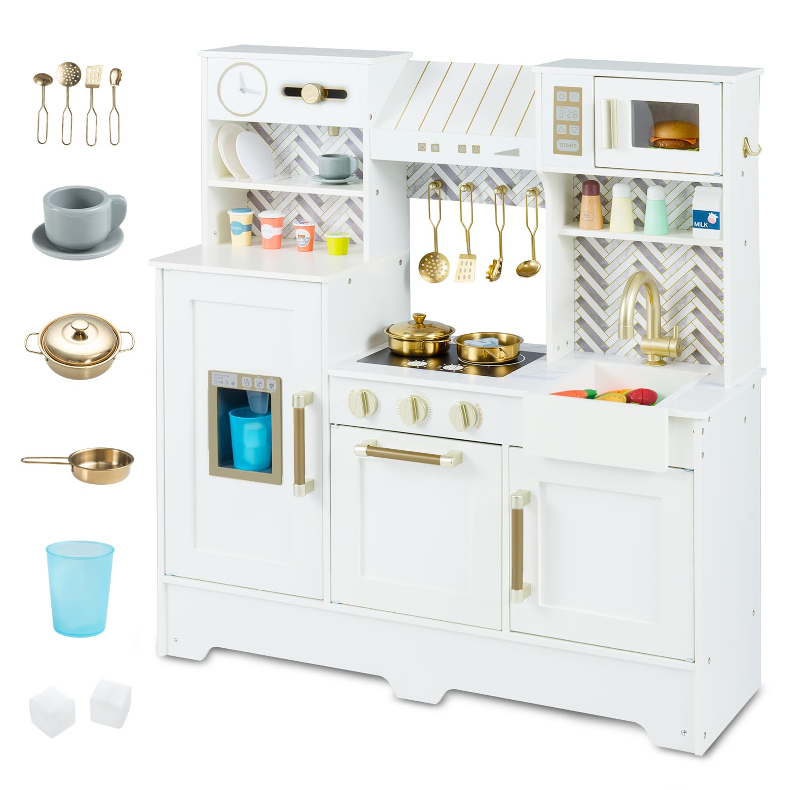 Maxmass Wooden Kids Kitchen, Role Play Toddler Toy Kitchen with Coffee Station, Range Hood, Ice Dispenser, Microwave, Utensils, Children Pretend Kitchens Cooking Playset for 3+ Years Old (White)