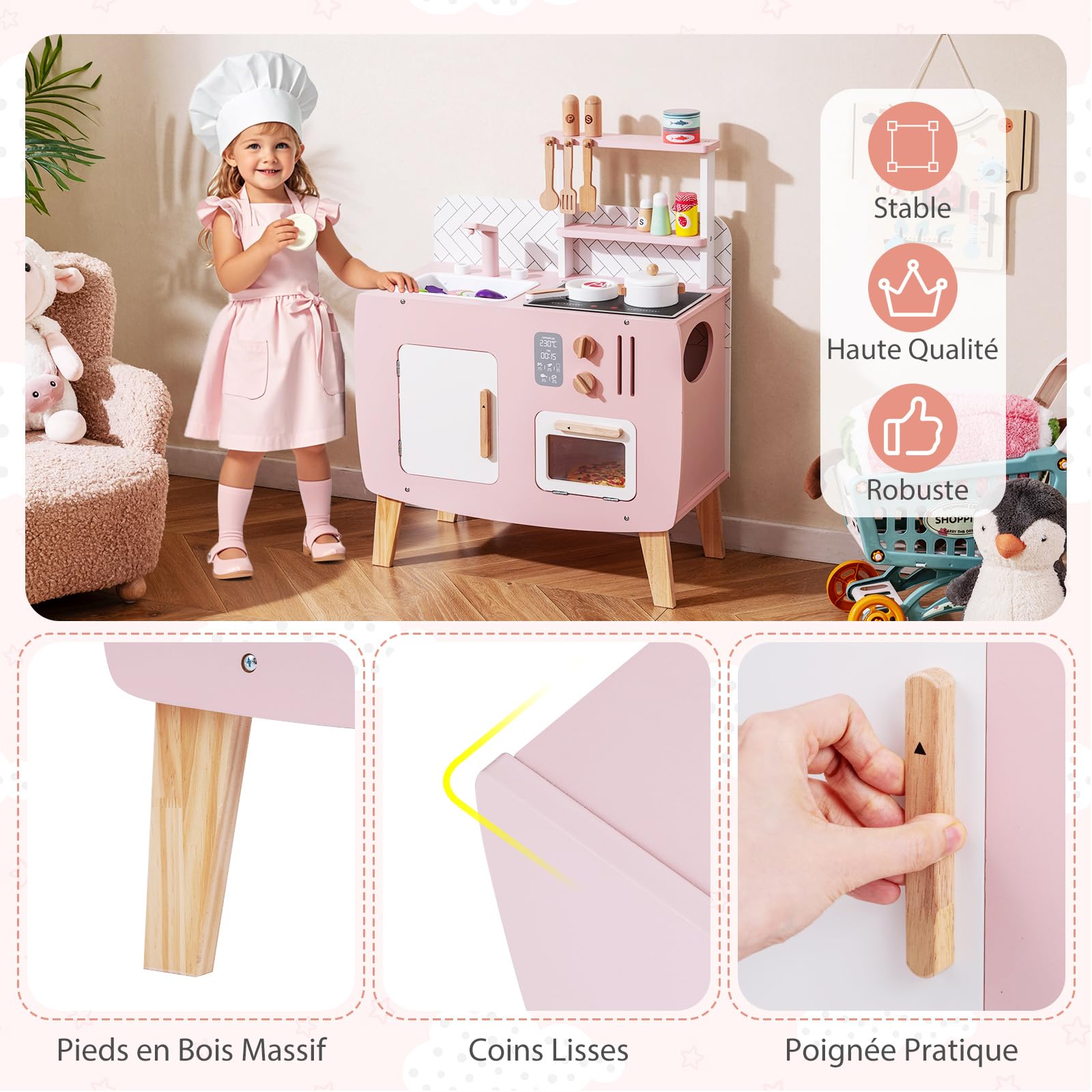 GOPLUS Cuisine Enfant, Cuisine en Bois Enfant avec Four, Cuisinière, Évier, Robinet et Ustensiles de Jeu, Jouet Montessori avec Armoire & Étagère, pour Garçons Filles 3+ Ans