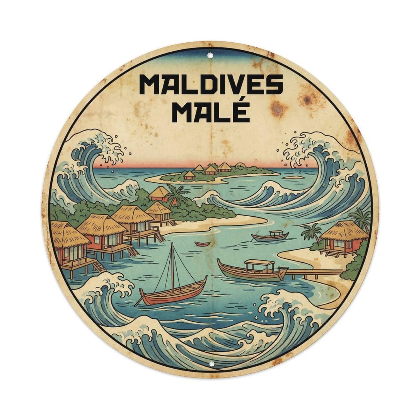 Maldives Male Atoll Resort Woodblock Travel Metal Tin Sign