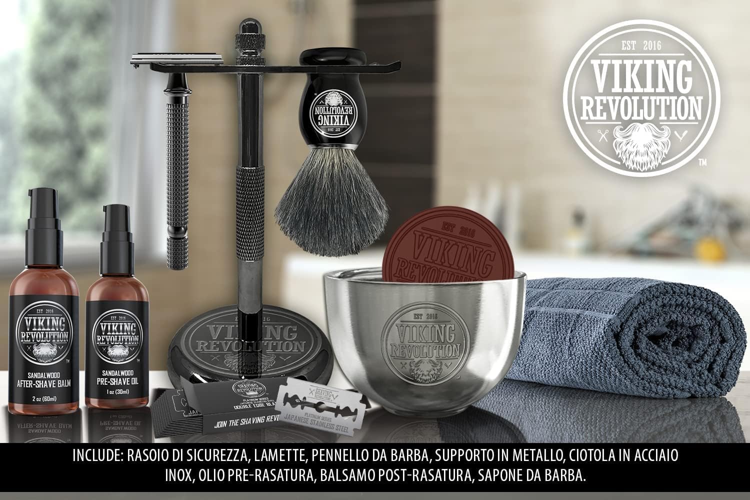 Viking Revolution - Kit Rasatura Barba Uomo - Regalo Uomo - Include Rasoio di Sicurezza, Supporto, Ciotola, Balsamo Dopobarba, Olio Prerasatura, Pennello di Tasso