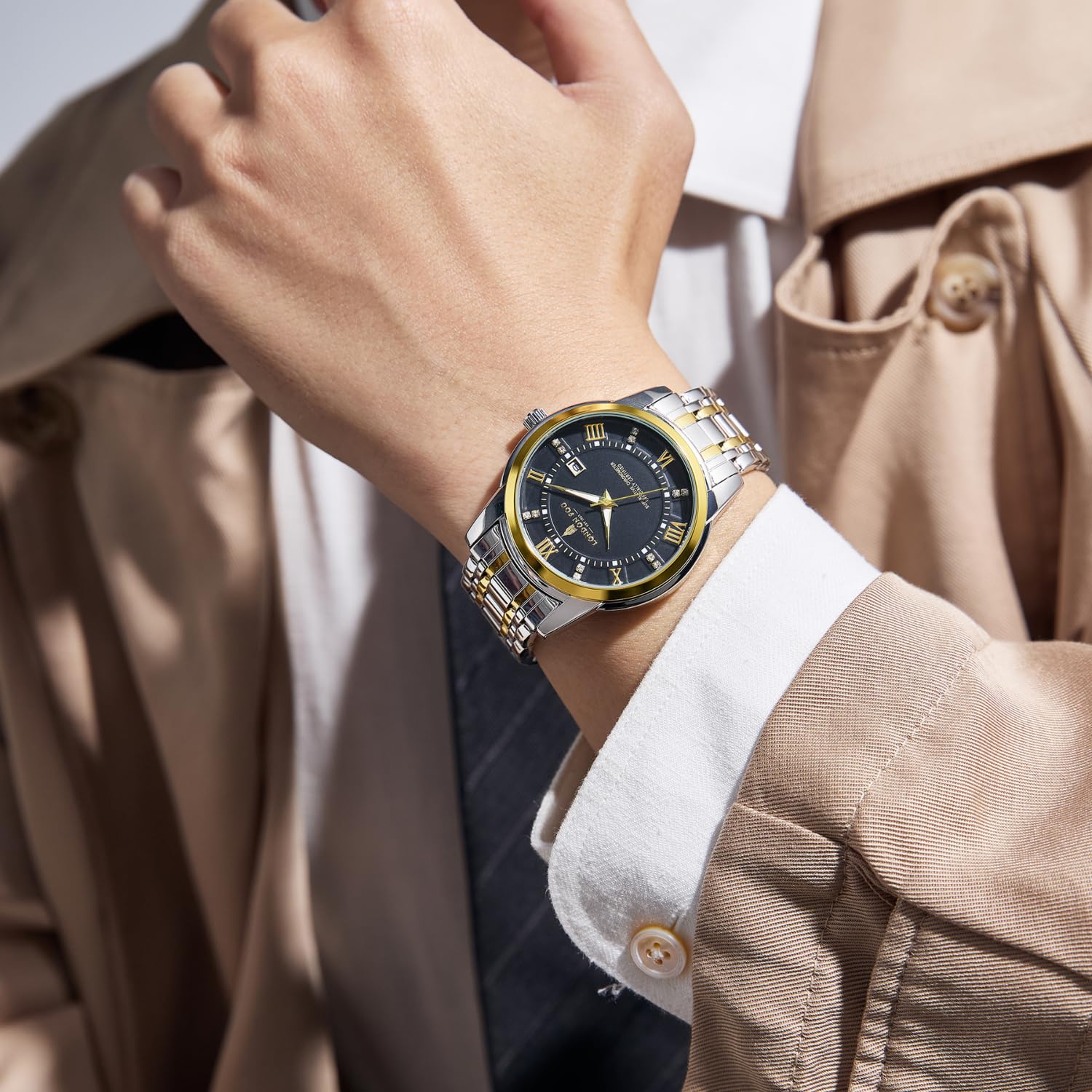 London Fog Regent Collection Analog Quartz Watch for Men with Black Dial and Two Tone Silver Gold Stainless Steel Strap, Metal Case, Date Display, Luminous Hands & Hour Markers, Water Resistant
