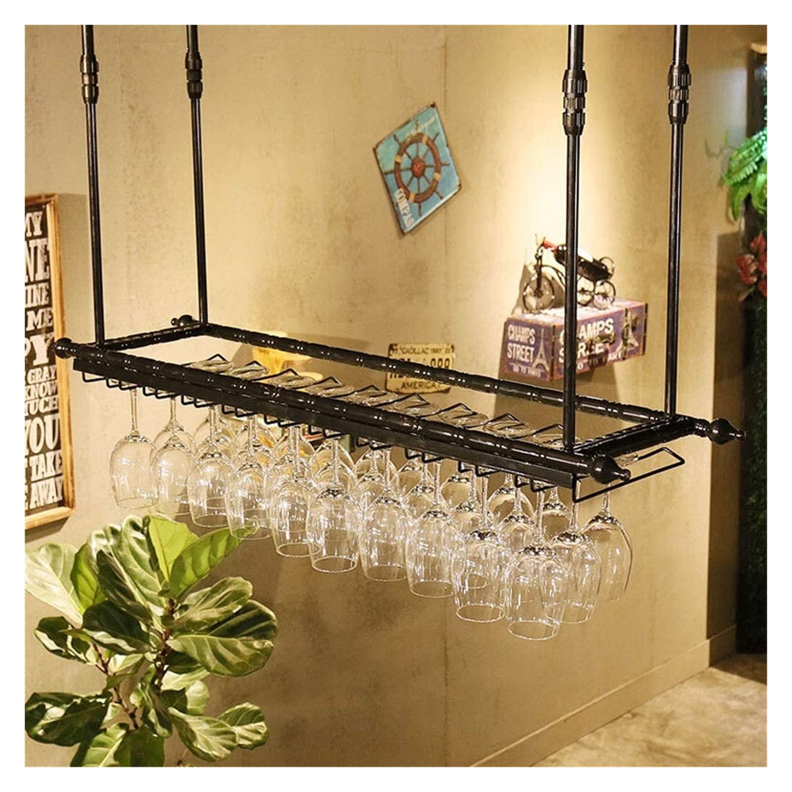 PUCHEN Portabottiglie da parete in legno massello, portabottiglie da vino, portabottiglie capovolto, portacalici sospeso, portabicchieri da vino rosso J111, nero, 60 * 30 cm matrimonio Comfortable