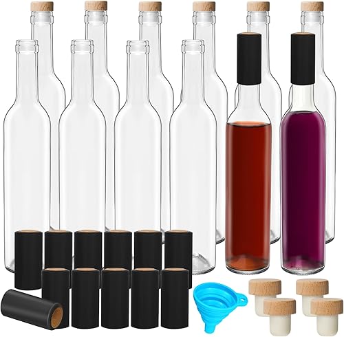 DHSBTLS Paquete de 12 botellas de vidrio transparente de 500 ml16 oz con tapas de corcho de madera y sellos de encogimiento, botellas para