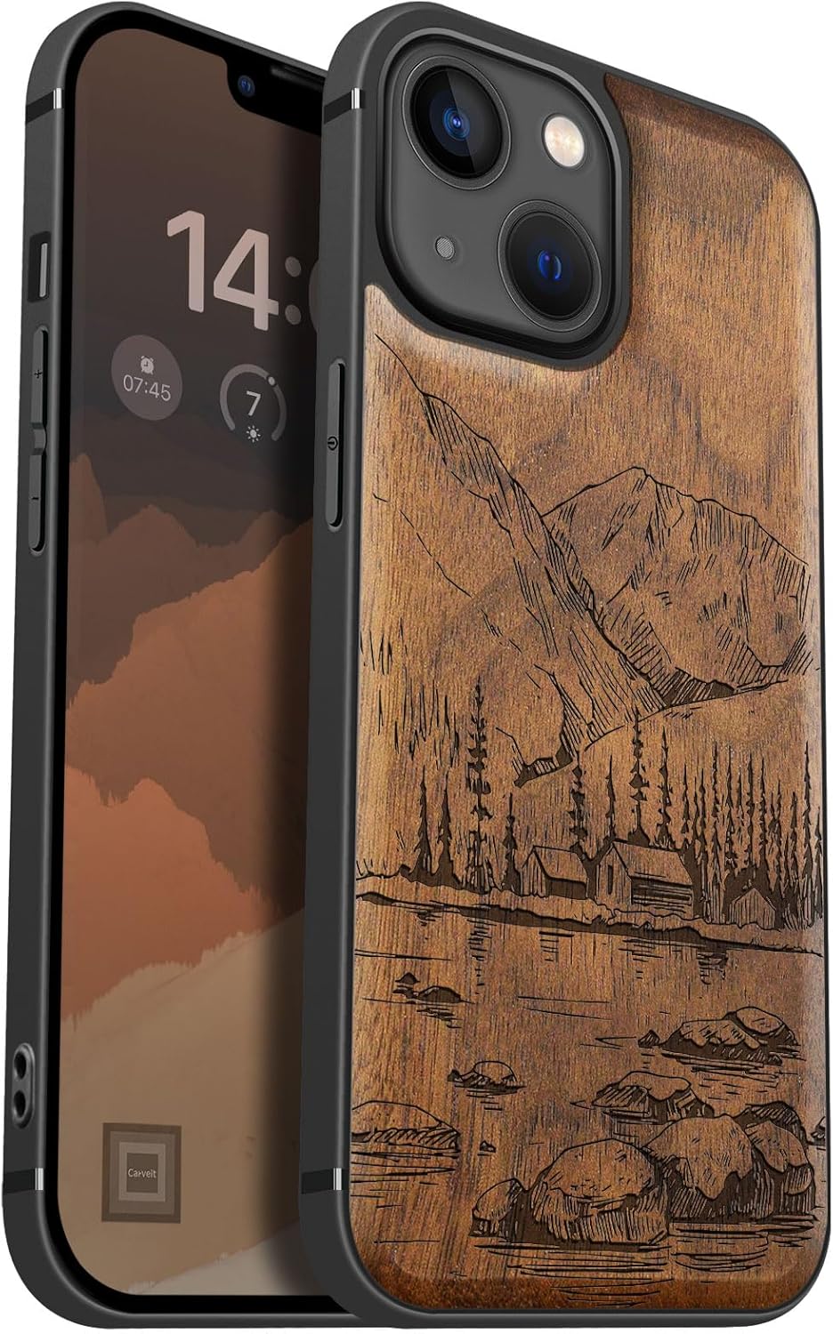 Carveit Magnetic Wood Case for iPhone 13 Mini Case [Natural Wood & Black Soft TPU] Unique Wooden Shockproof Protective Cover Compatible with magsafe (Lakes and Mountains -Walnut)