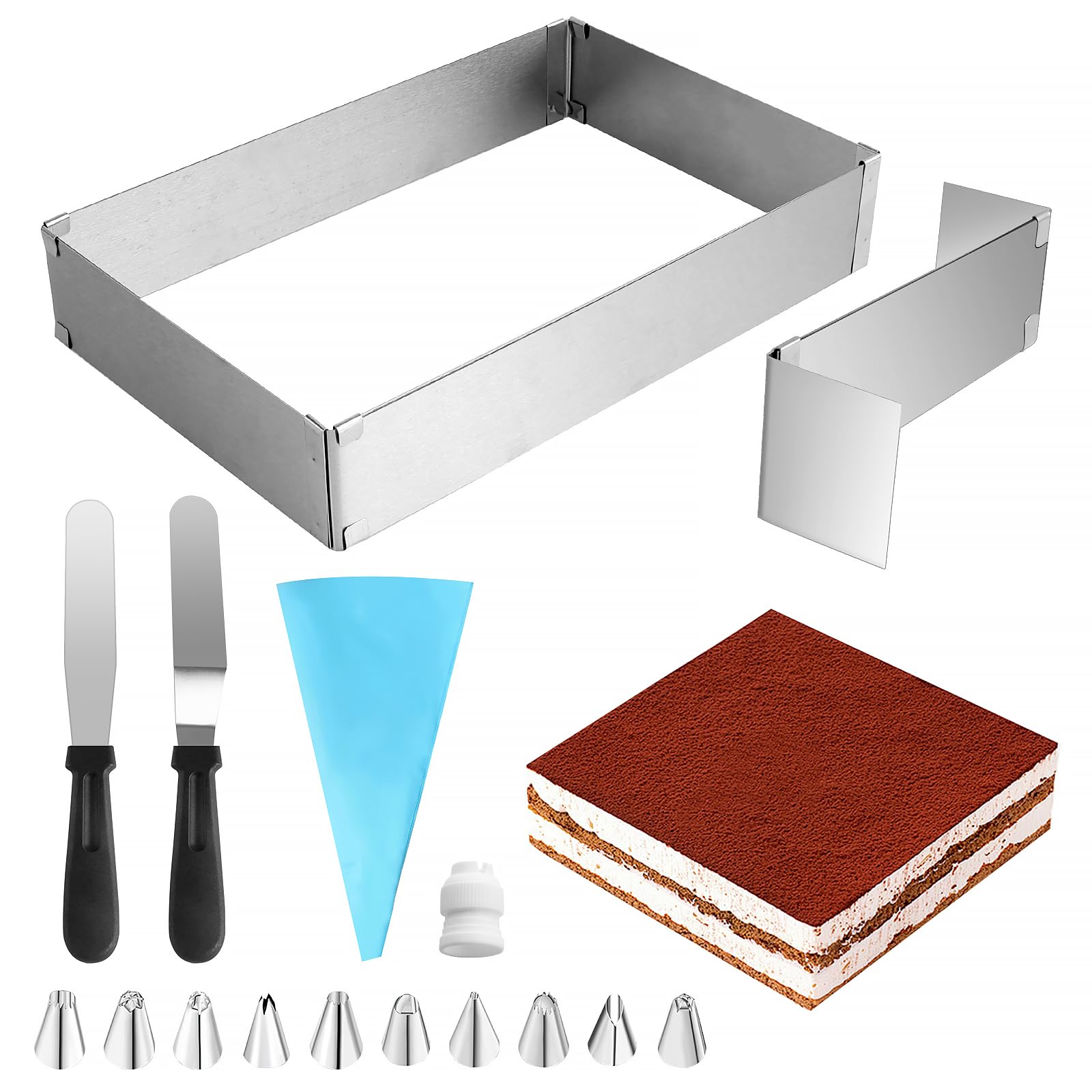 Backrahmen Rechteckig Verstellbar, Edelstahl Backrahmen Eckigb, Kuchenform Eckig Tortenring mit mit Teiler, Backrahmen Form, Spatel, Spritzbeuteln für Kuchen Torten Pizza