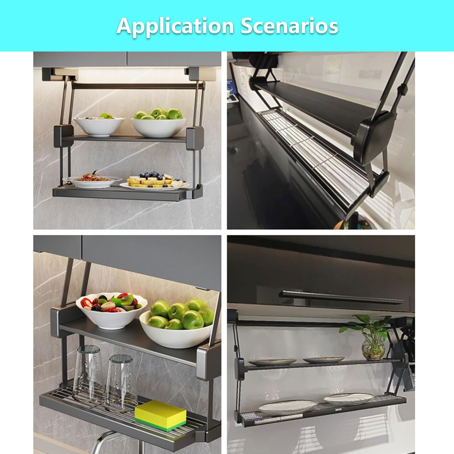 AIZYR Foldable Pull-Down Dish Rack, Cabinet Organizer Wall Cabinet Storage Rack Hanging Shelf for Kitchen,Pantry,Laundry Room,Black,900mm