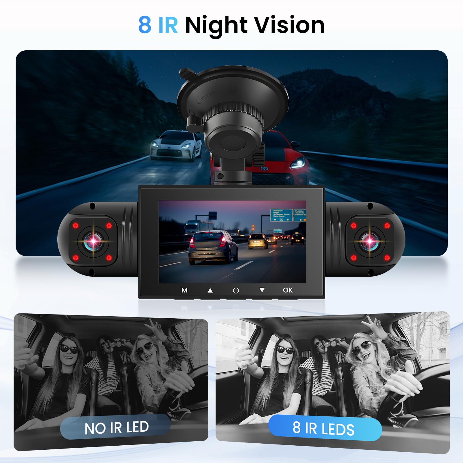 Dashcam 360° A 4 Telecamere: Anteriore 4K, Laterali E Posteriore 1080p, Display 3,16'', Rilevamento Movimento, Registrazione Loop, Notte