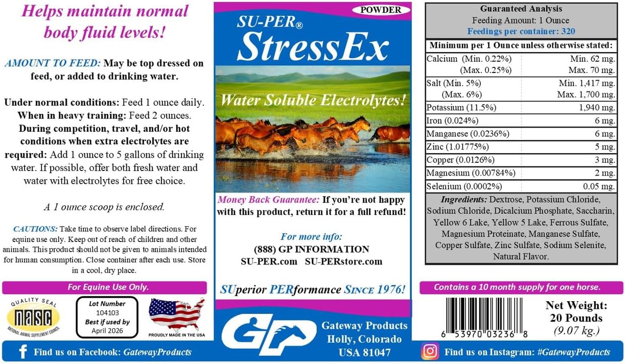 SU-PER Stress-Ex Horse Electrolyte Supplement - Maintain Normal Body Fluid Levels - Electrolytes Replenishment for Hydration - 20 Pound, 10 Month Supply