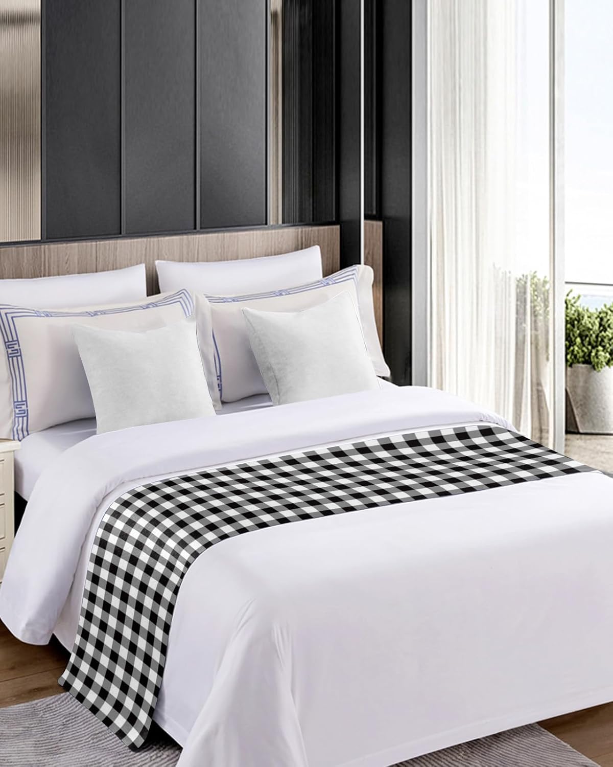Bed Runner Scarf Black and White Checkerboard Gradient Simple Grid Theme Bedding Scarf Decorative Bed Runners Cover for Home Bedroom Hotel Wedding Room Bed Scarf for Foot of Bed Queen 83x20in