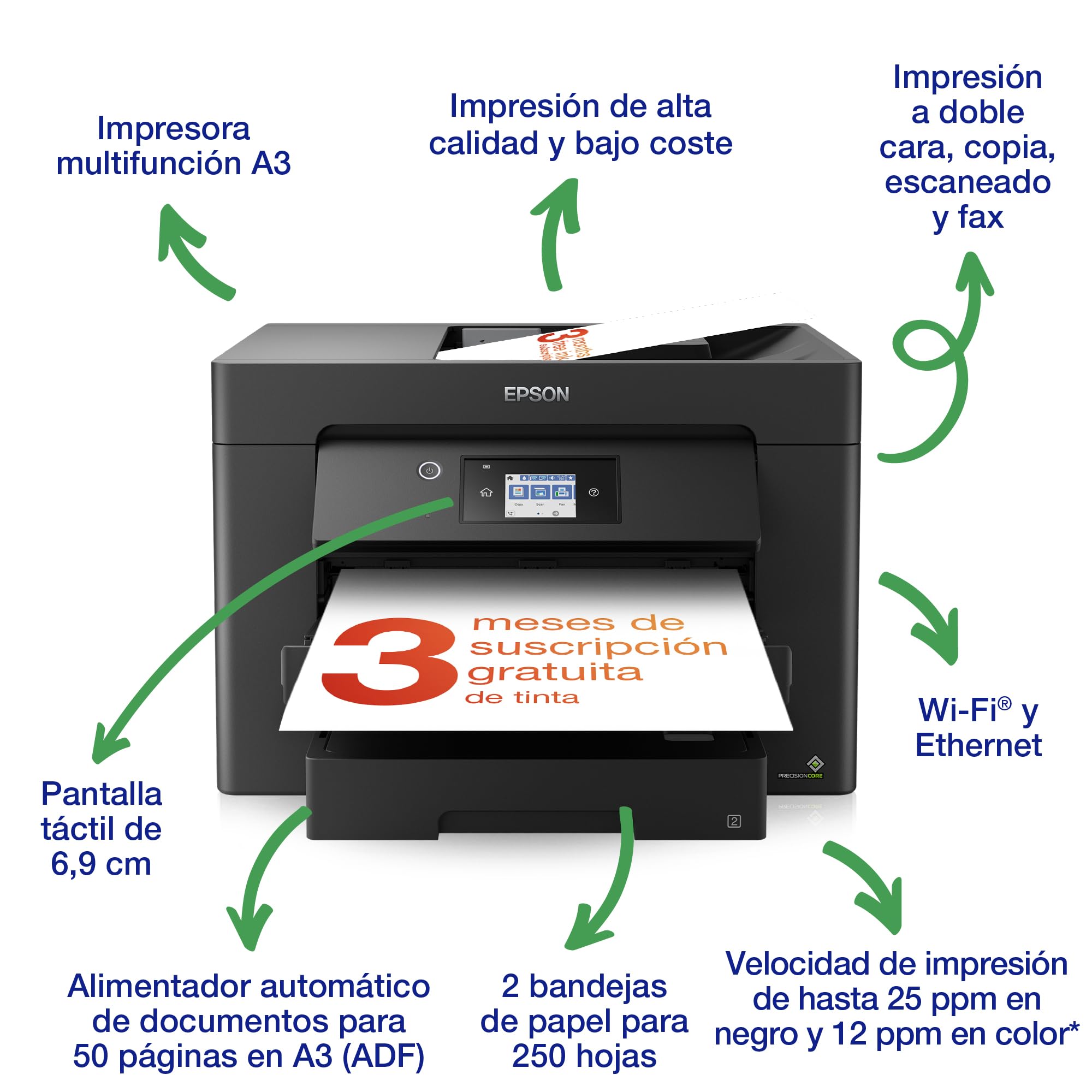 Epson Impresora de inyección de Tinta multifunción Workforce WF-7830DTWF A3 con conectividad inalámbrica y 3 Meses Gratis de suscripción de Tinta ReadyPrint*