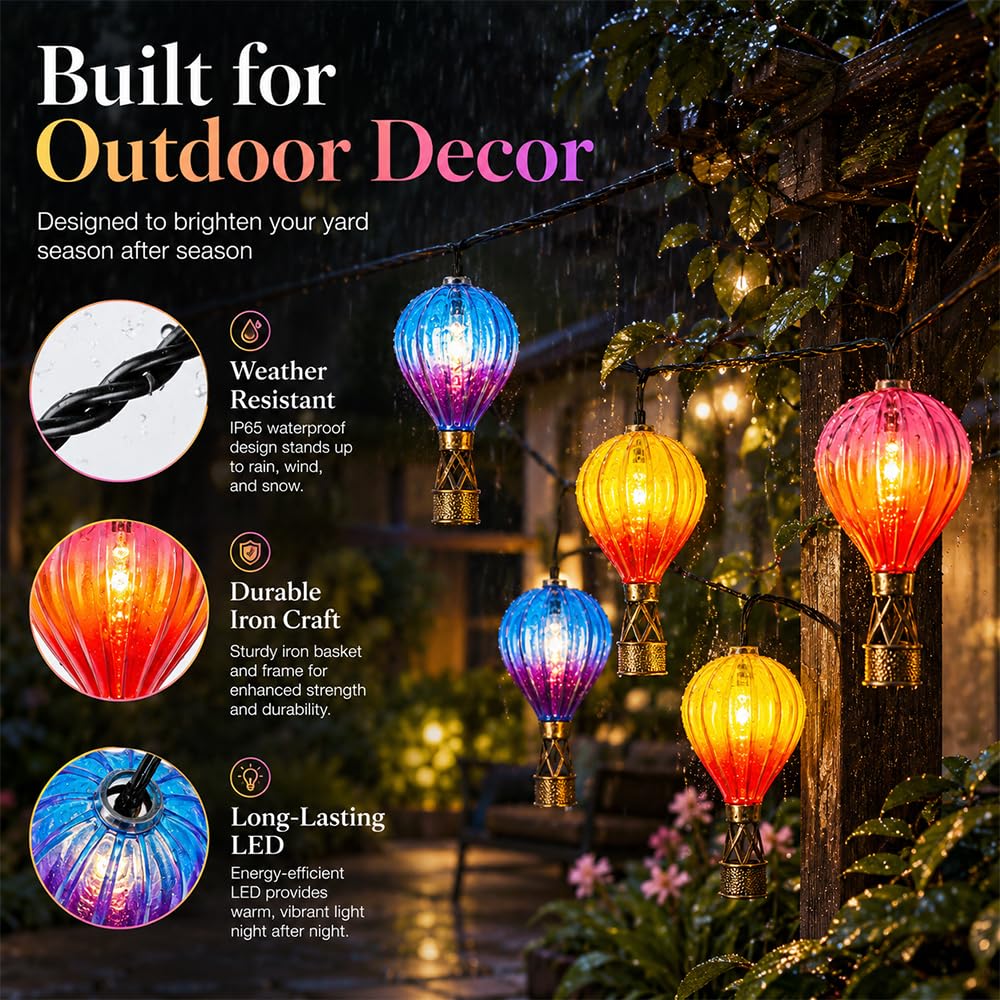 10er Solar Heißluftballon, 2,7m Solarlampen für Außen Hängend, Bunte Lichterkette Lampions Außen Wetterfest für Garten, Terrasse, Balkon & Rasen