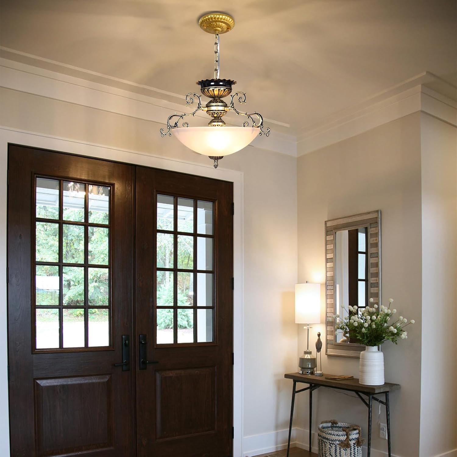Vintage Gold Pendant Light Fixture Farmhouse Glass Chandelier with White Round Bowl Glass Shade Retro Modern Ceiling Pendant Lights for Kitchen Dining Room Foyer Entryway Bedroom (Black)