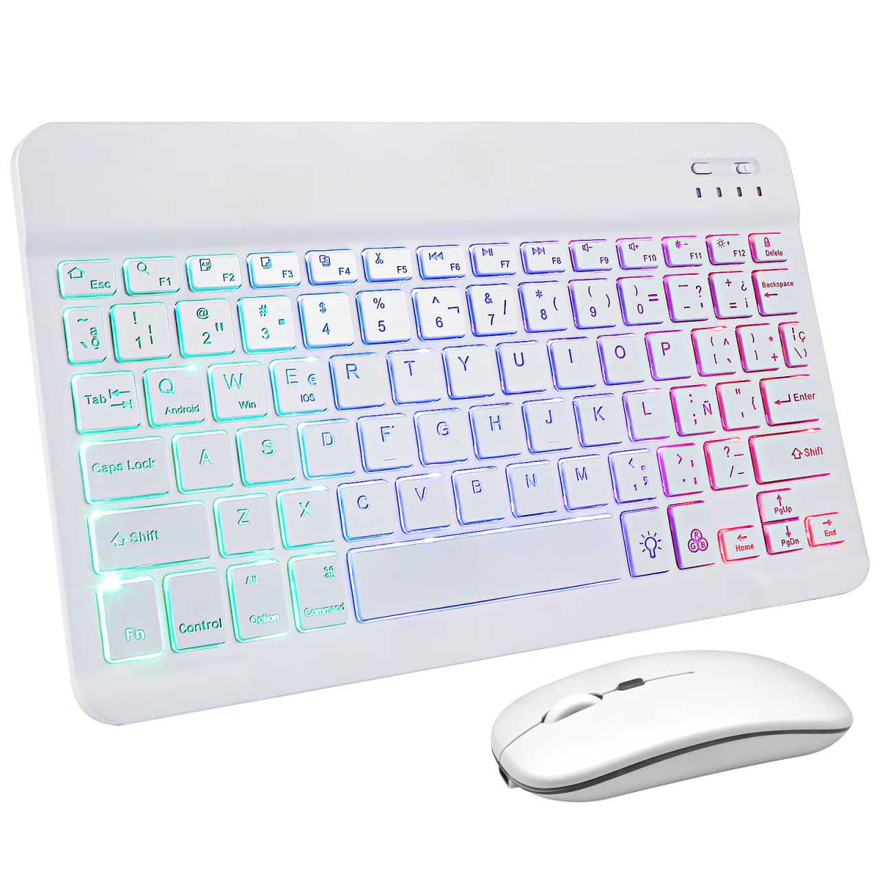 HOMSFOU Teclado y Ratón Inalámbricos Recargables con Iluminación Multicolor para Tabletas y Móviles Teclado Portátil Español con Pegatinas Diseño Compacto y Silencioso