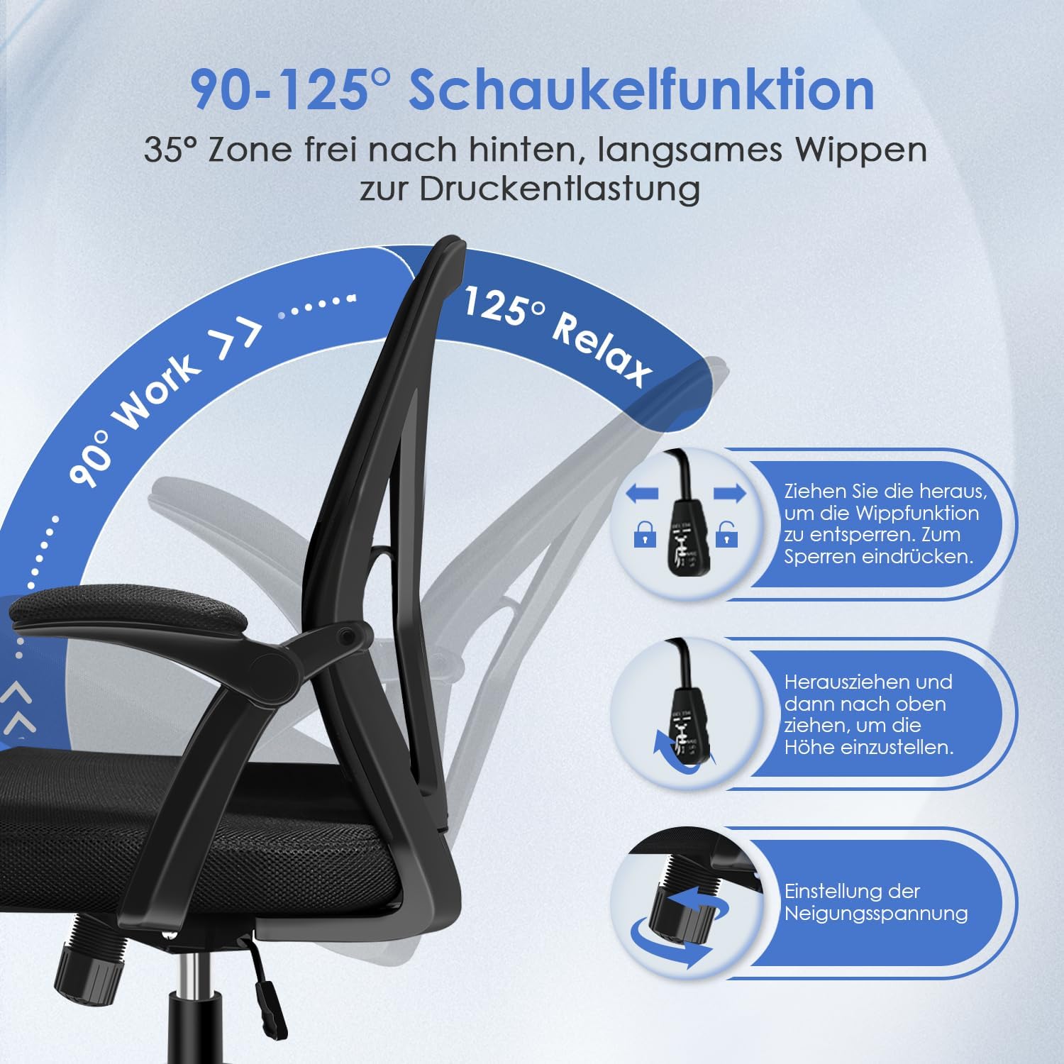 Hinonde Bürostuhl,Schreibtischstuhl mit Hochklappbare Armlehnen und Wippfunktion,Drehstuhl,Höhenverstellbarer Bürostuhl ergonomisch Home Office Stuhl mit Atmungsaktivem Netz,Bis zu 150kg