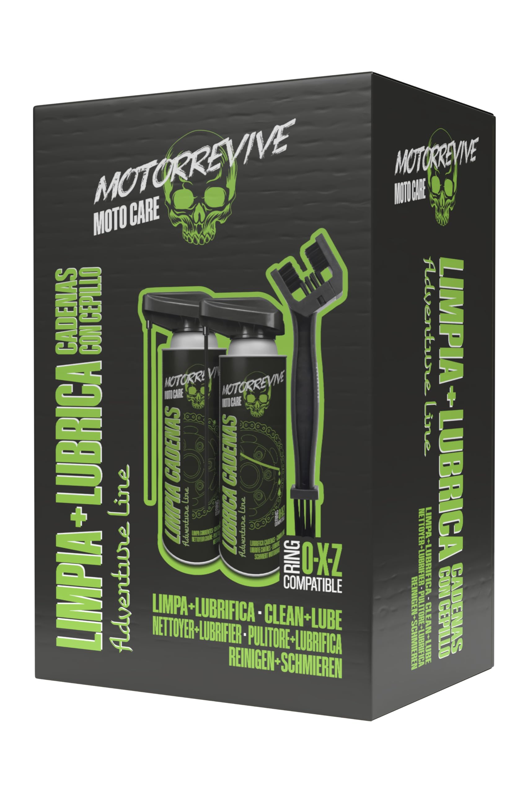 Pack Adventure Line con Limpiador, Lubricante y Cepillo para Cadenas de Moto Off-Road 380 + 380 ml | Mantenimiento Completo para Motocross, Enduro y Rutas Todo Terreno