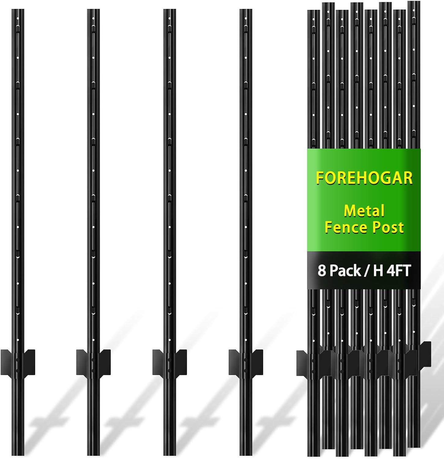 Metal Fence Post 4 Feet Black, Pack of 8, T Post for Wire Fence, No Dig Steel U Posts Fencing for Lawn Garden Wire Mesh Fences Poles Sign Outdoor Light Duty 4 FT- 8 PACK-BLACK