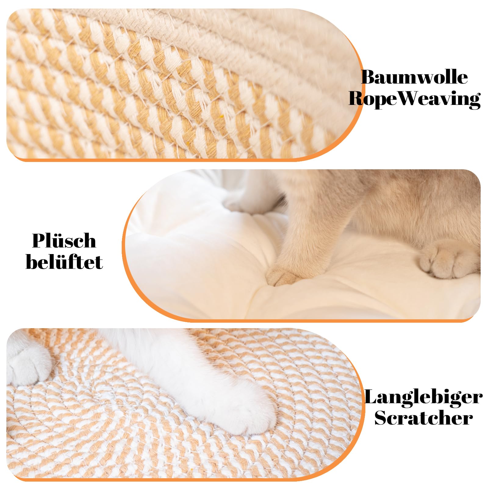 CheerPals Kattenbed met kussen, 47 cm, wasbaar, gevlochten katoenen touw, om te slapen, voor alle katten, universeel