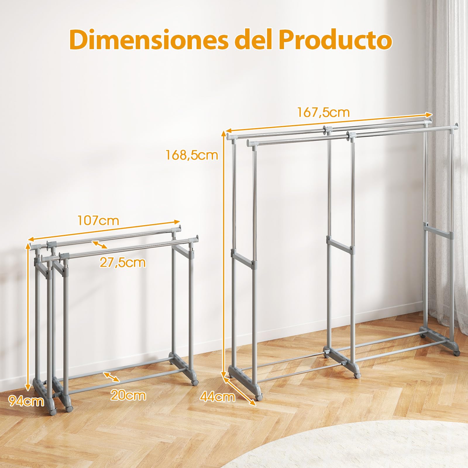 COSTWAY Burro Ropa con Ruedas, Perchero Burro de Doble Barra, Altura y Ancho Extensibles, Metálico, Perchero de Pie Lavandería Dormitorio Salon, 167.5 x 44 x 168,5 cm, Plata