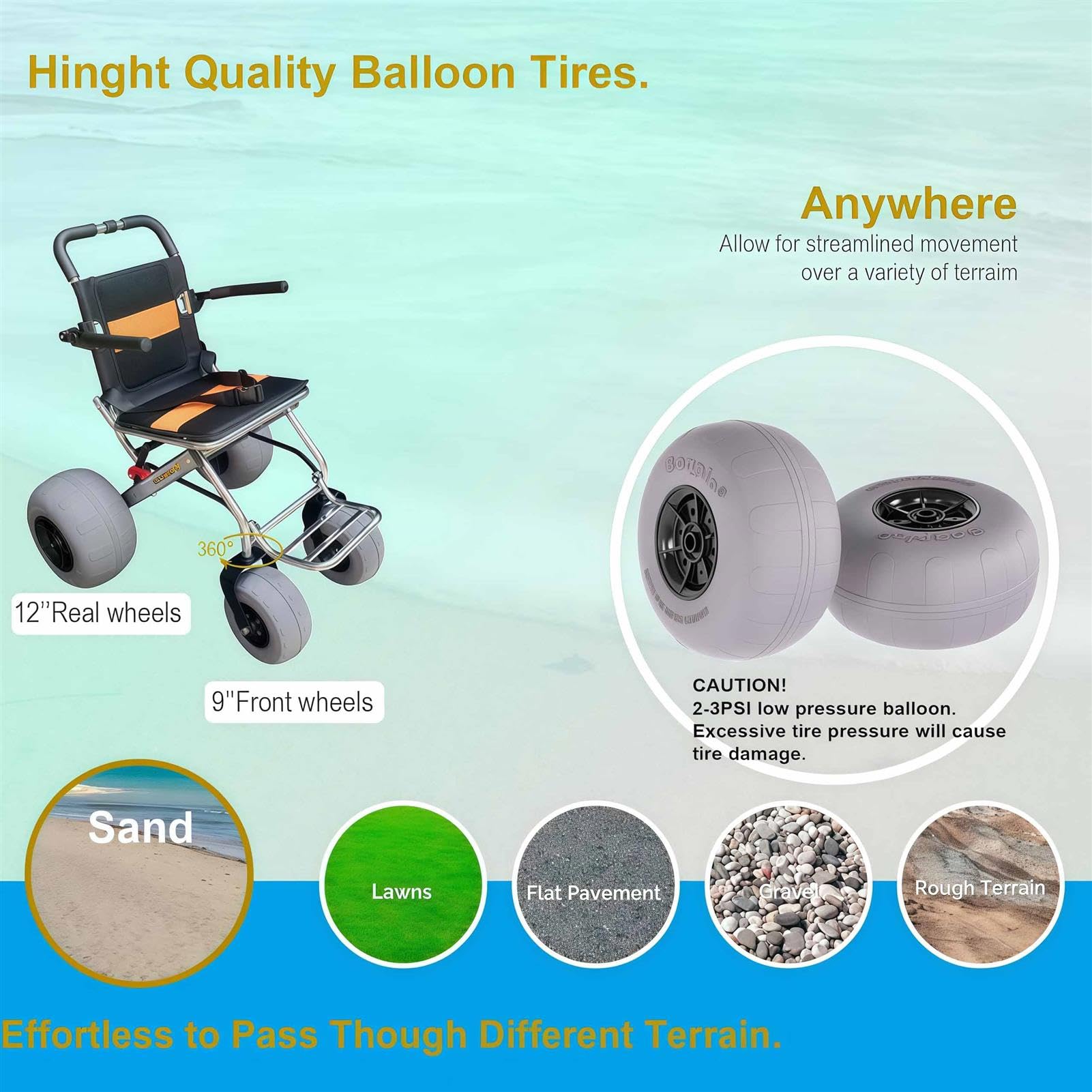 Silla de ruedas plegable todo terreno para playa, neumáticos de globo y ruedas de liberación rápida, capacidad de peso de 100 kg para arena, hierba, grava y acceso al agua
