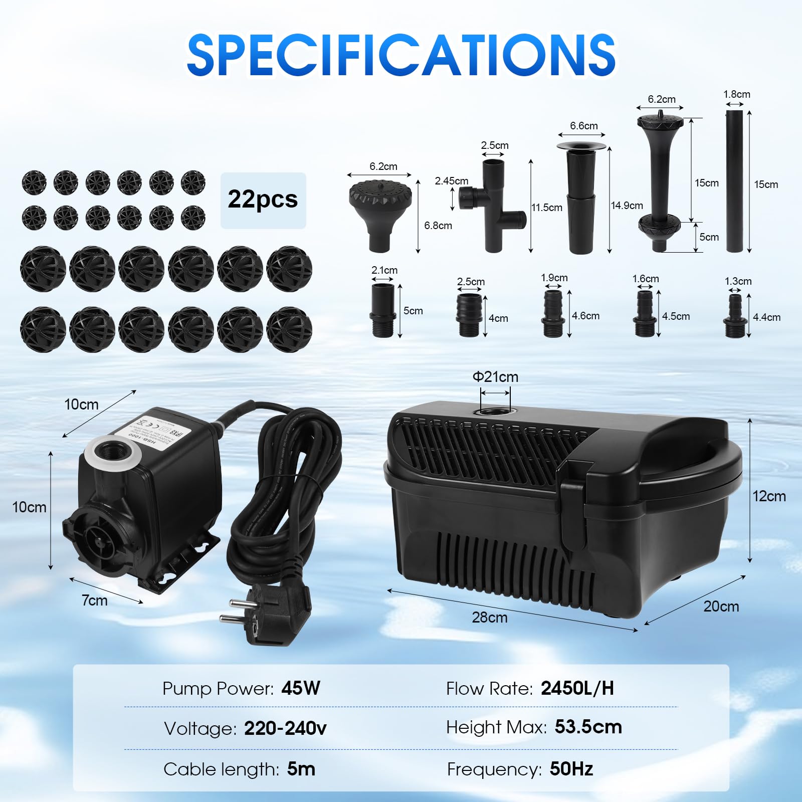 EXLECO Pompe de bassin d'extérieur avec filtre et kit de fontaine 2450 l/h 50 W - Pompe de fontaine - Filtre de bassin bio - Kit complet avec pompe - Système de filtration - Bassin - Pompe de ruisseau