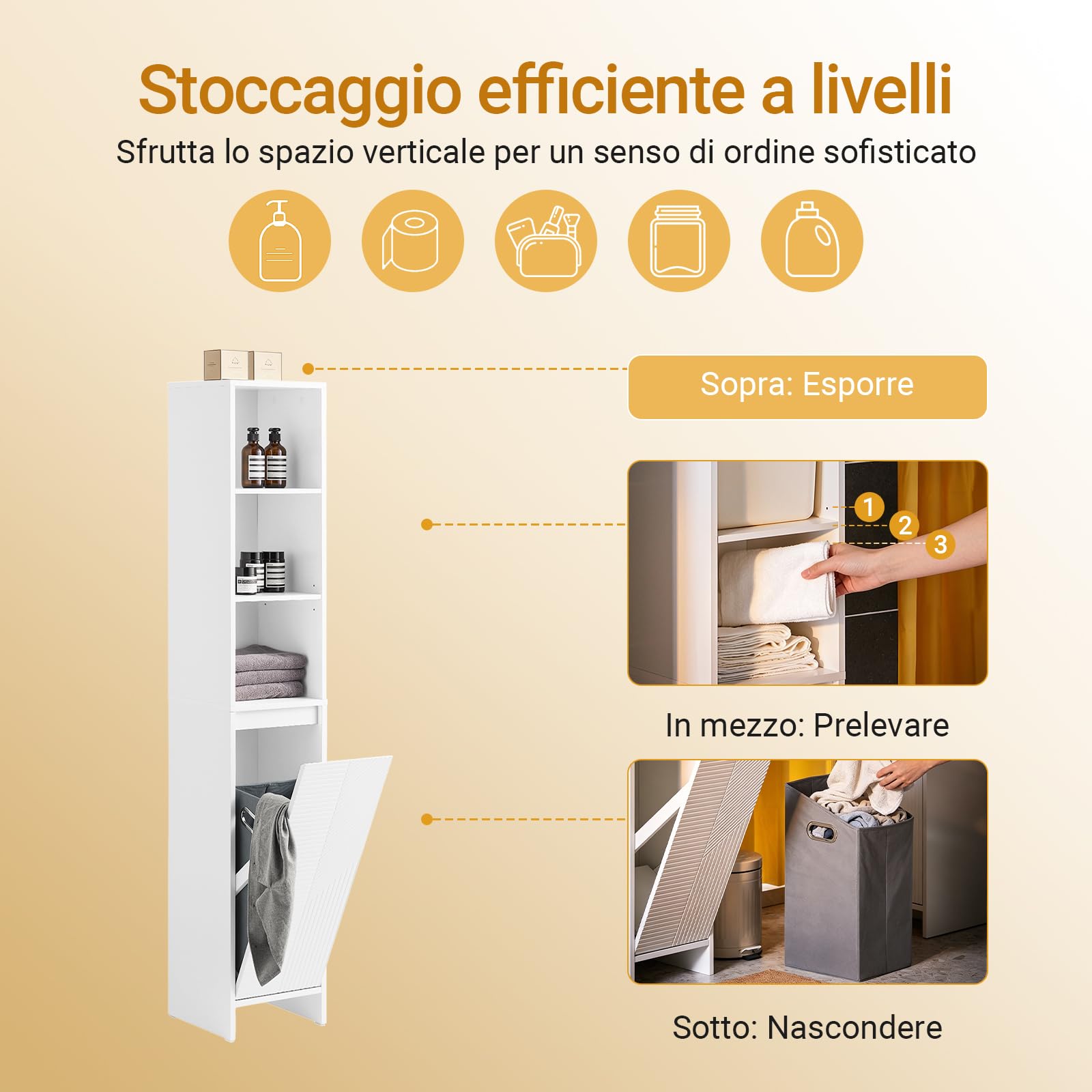 SoBuy Mobile Bagno Salvaspazio con Cesto Portabiancheria – Armadietto Bagno Alto e Stretto in MDF Bianco con Ripiani Regolabili e Antiribaltamento Mobile Lavanderia 30x170x30 cm BZR158-W
