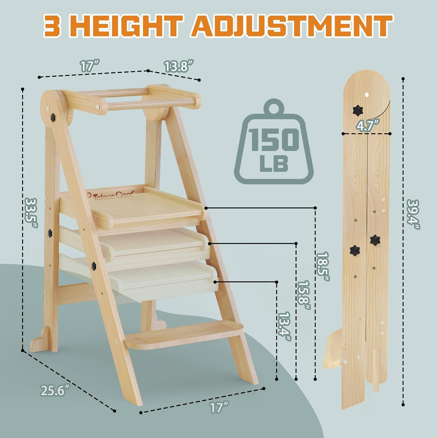 Foldable Toddler Kitchen Stool Helper, Toddler Tower with 3 Adjustable Height, Wooden Toddler Step Stool, Collapsible Toddler Tower, Toddler Stool for Kitchen and Bathroom (Nature)