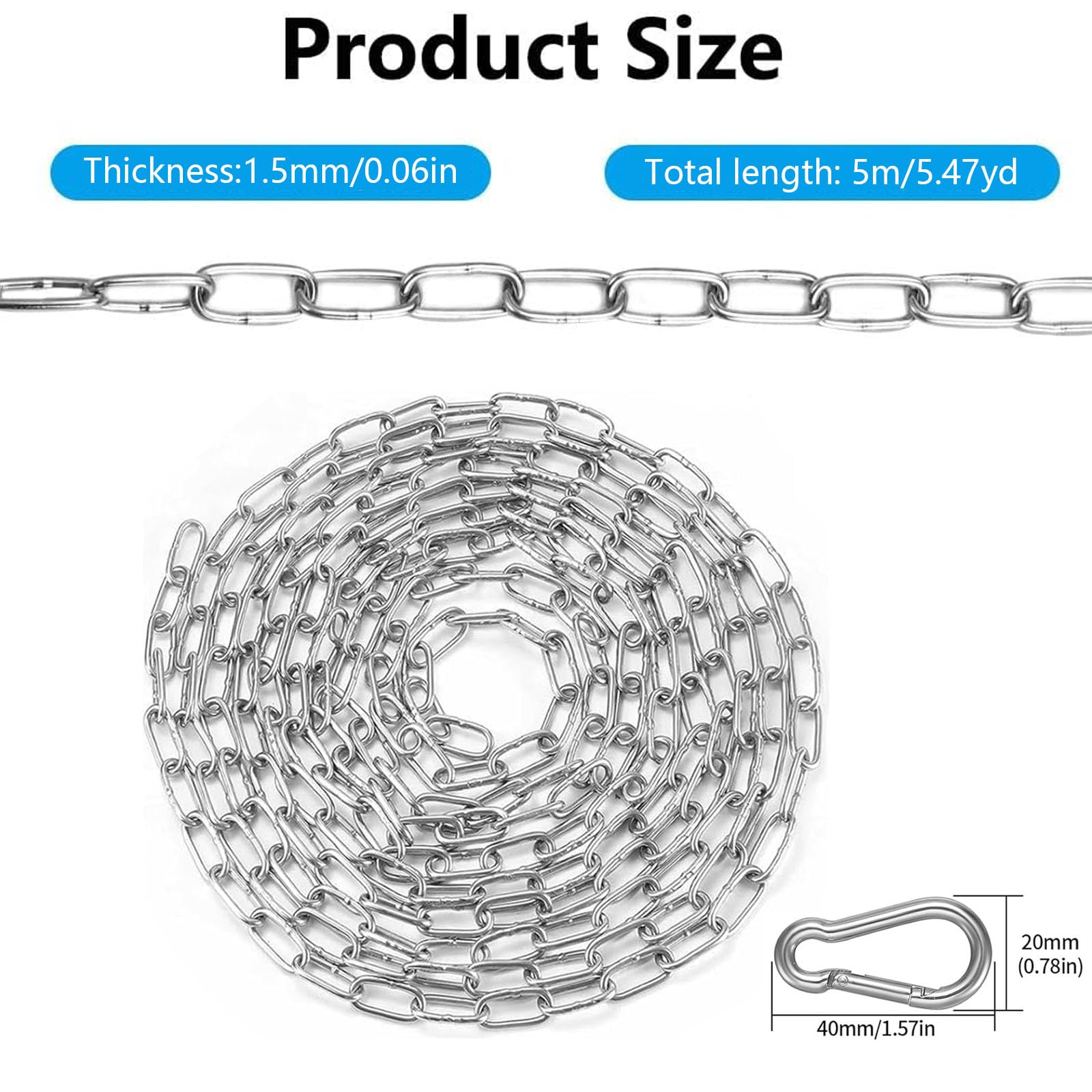 5 Metres Length Stainless Steel Chain for Hanging 1.5mm Metal Chain with Carabiner - Image 2