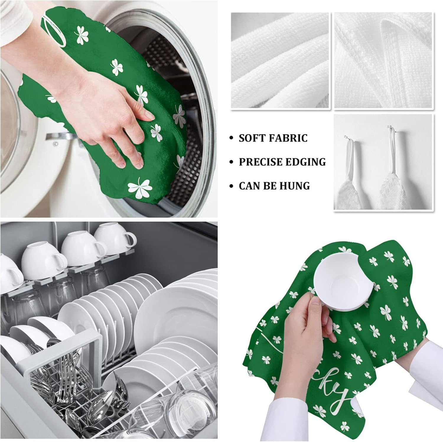 St. Patrick's Day Kitchen Towels 3 Pack, Lucky Clover Dish Towels for Kitchen, White Shamrock Absorbent Microfiber Hand Towels for Bathroom, Green Soft Tea Towels Bar Towels, 18 x 28 Inch