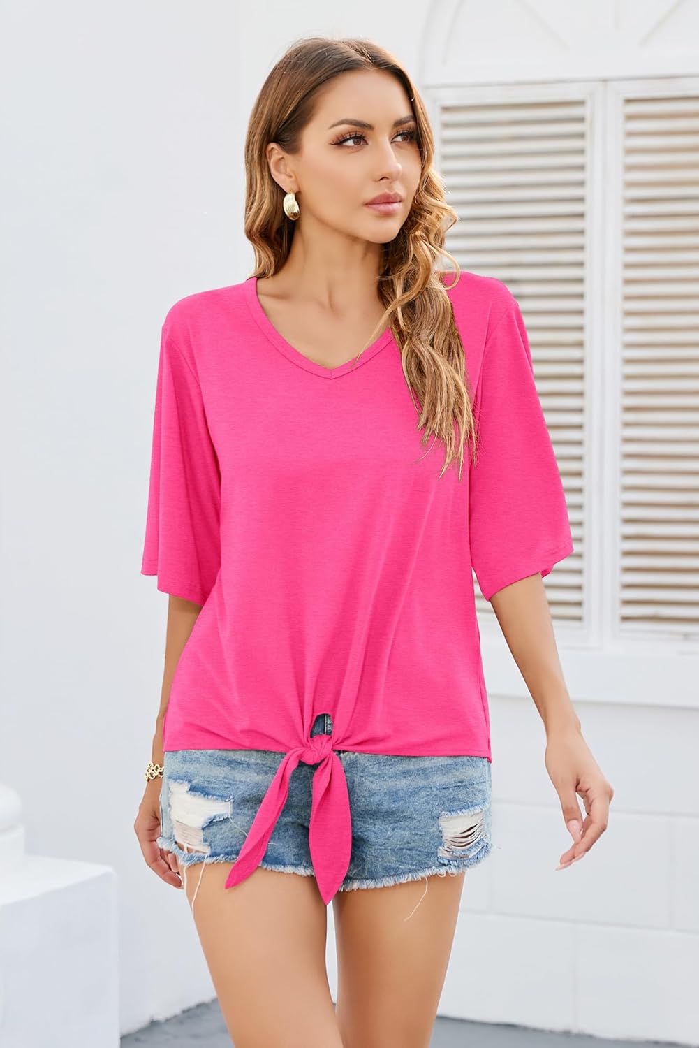 SUEANI Women's Tie Front Tops Summer V Neck 3/4 Bell Sleeve Twist Knot Shirt - Image 4