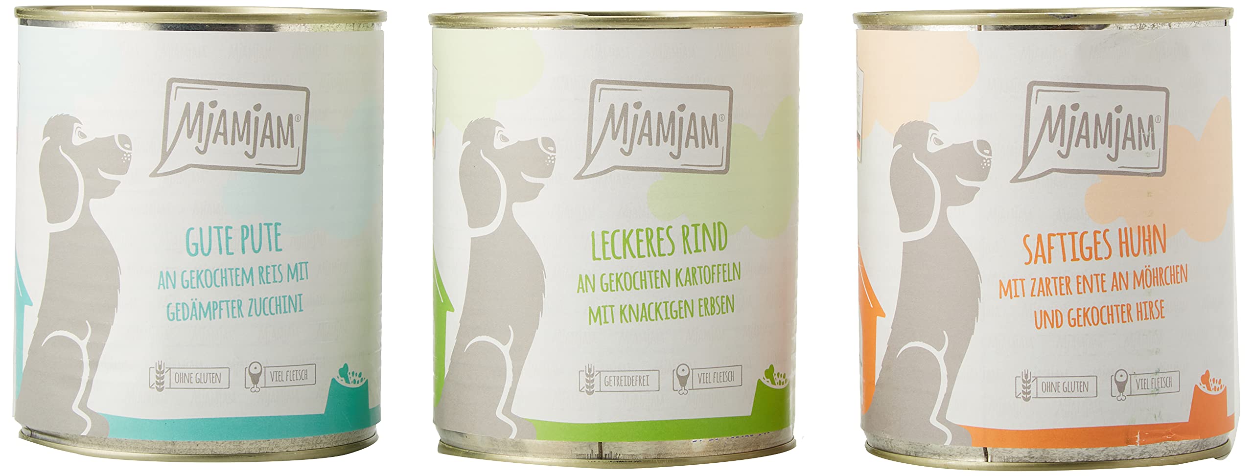 MjAMjAM - comida húmeda premium para perros - Mixpaket I - pollo & pato, ternera, pavo, pack de 6 (6 x 800 g), natural con extra de carne