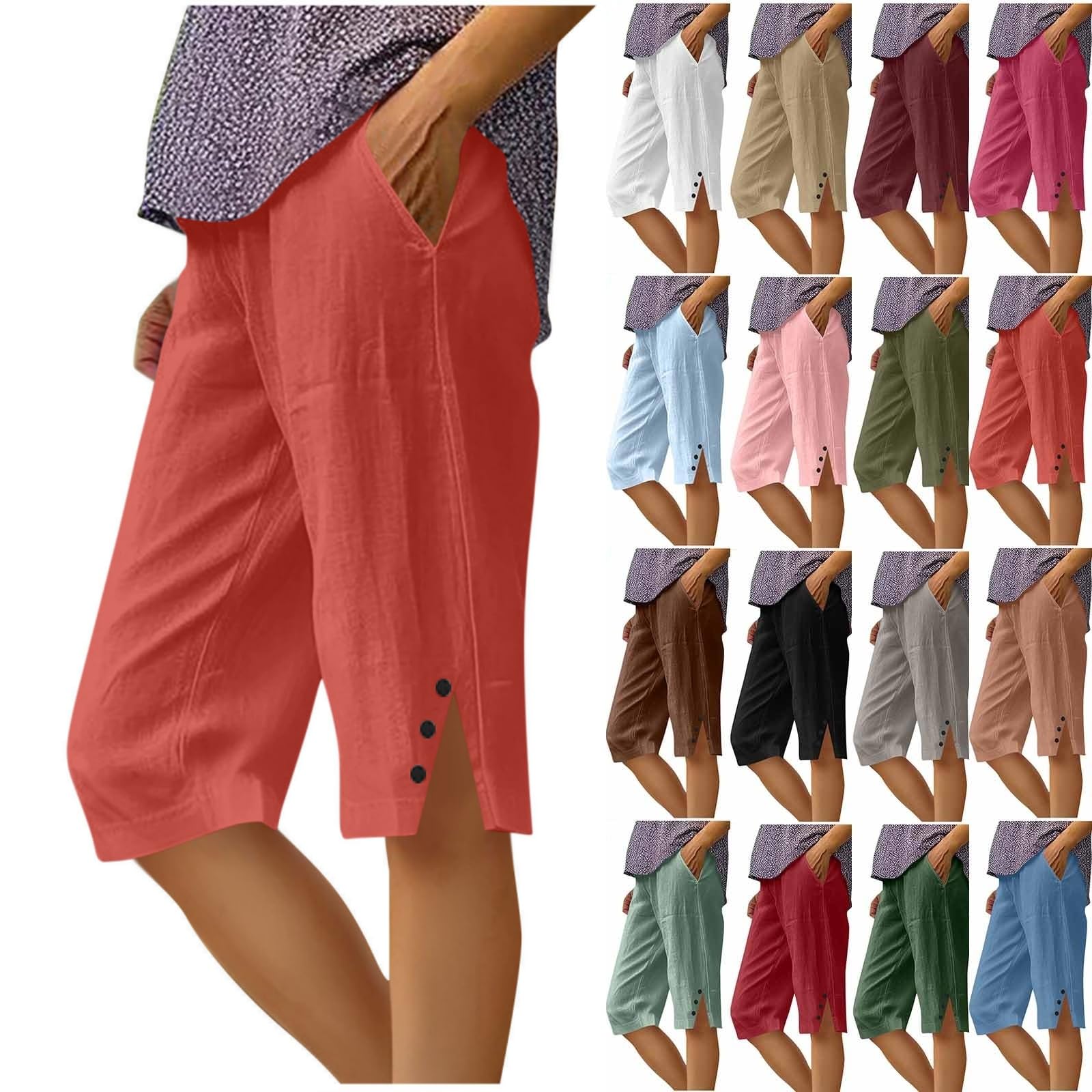 RRMuAzgs Womens Bermuda Shorts Knee Length Dressy Causal Elastic Waist Buttons Linen Shorts with Pockets Summer Beach Outfits