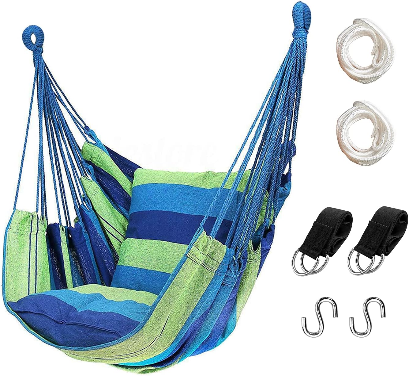 Hommtina Hammock Chair Hanging Rope Swing, Max 300 Lbs Hanging Chair with Pocket & Durability Perfect for Outdoor, Home, Bedroom, Patio, Yard (Pillows NOT Included,Green)