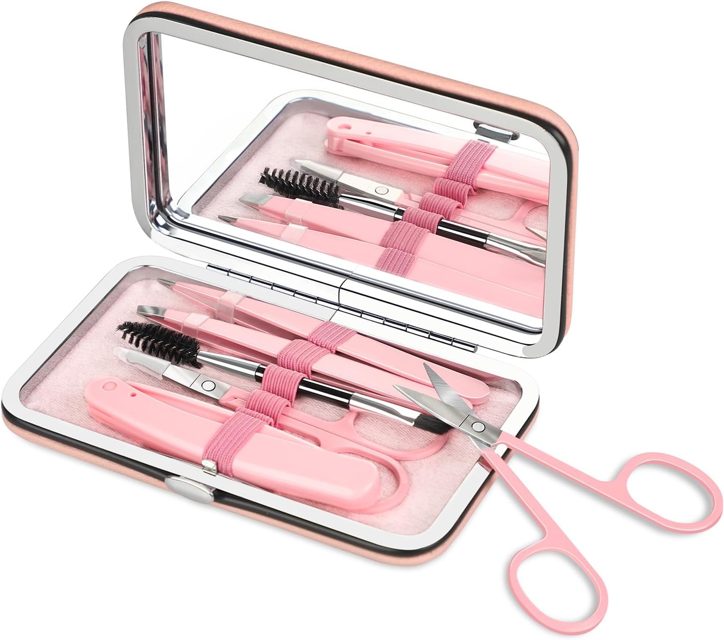 6-in-1 Eyebrow Kit with Leather Mirror Case | Trimmer Eyebrow Scissors, Tweezers, Razor & Spoolie Brush for Women Men (Pink)