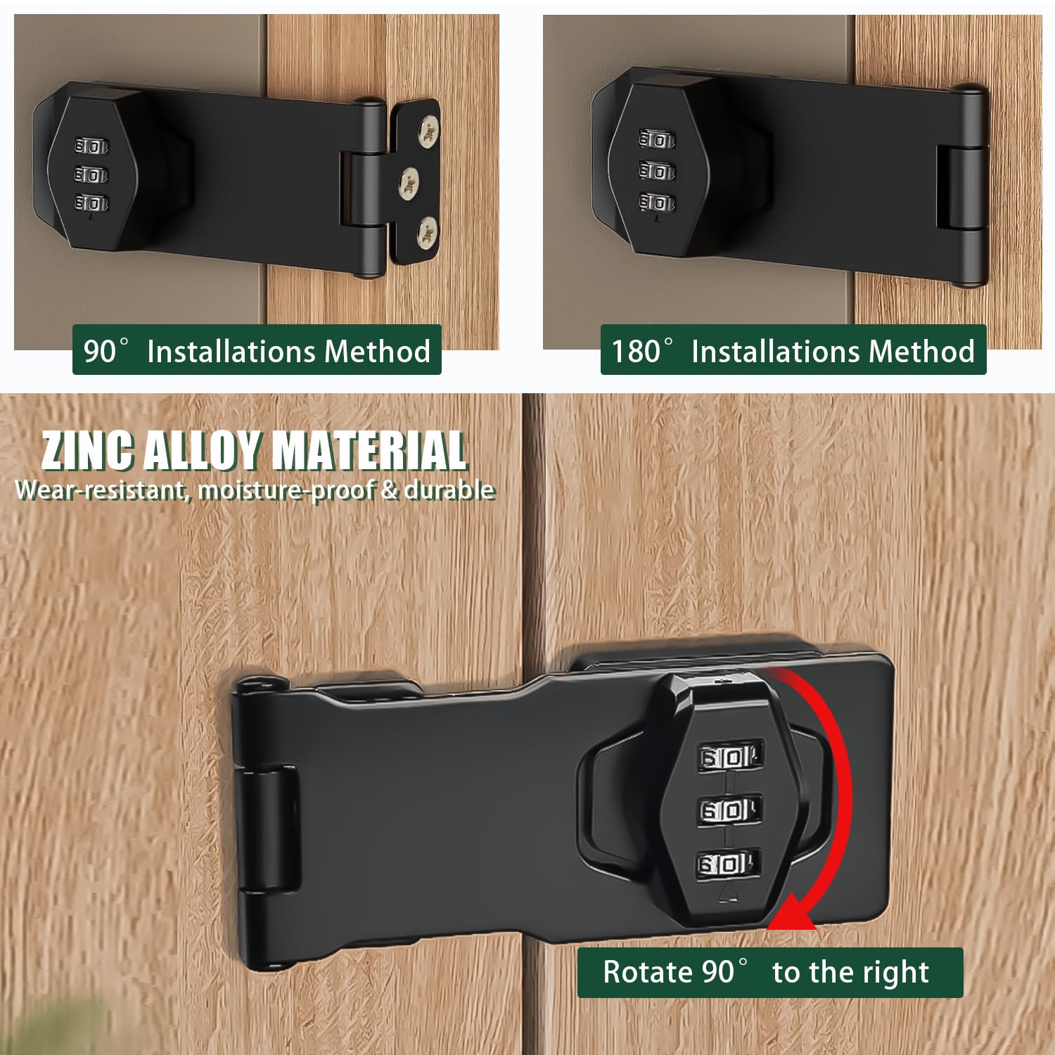Chiavistello a Combinazione 3 Cifre, Serratura a Codice da 4 Pollici | Chiusura Antifurto per Armadietti, Piccole Porte, Cassetti e Mobili, Senza Chiavi e Facile da Installare