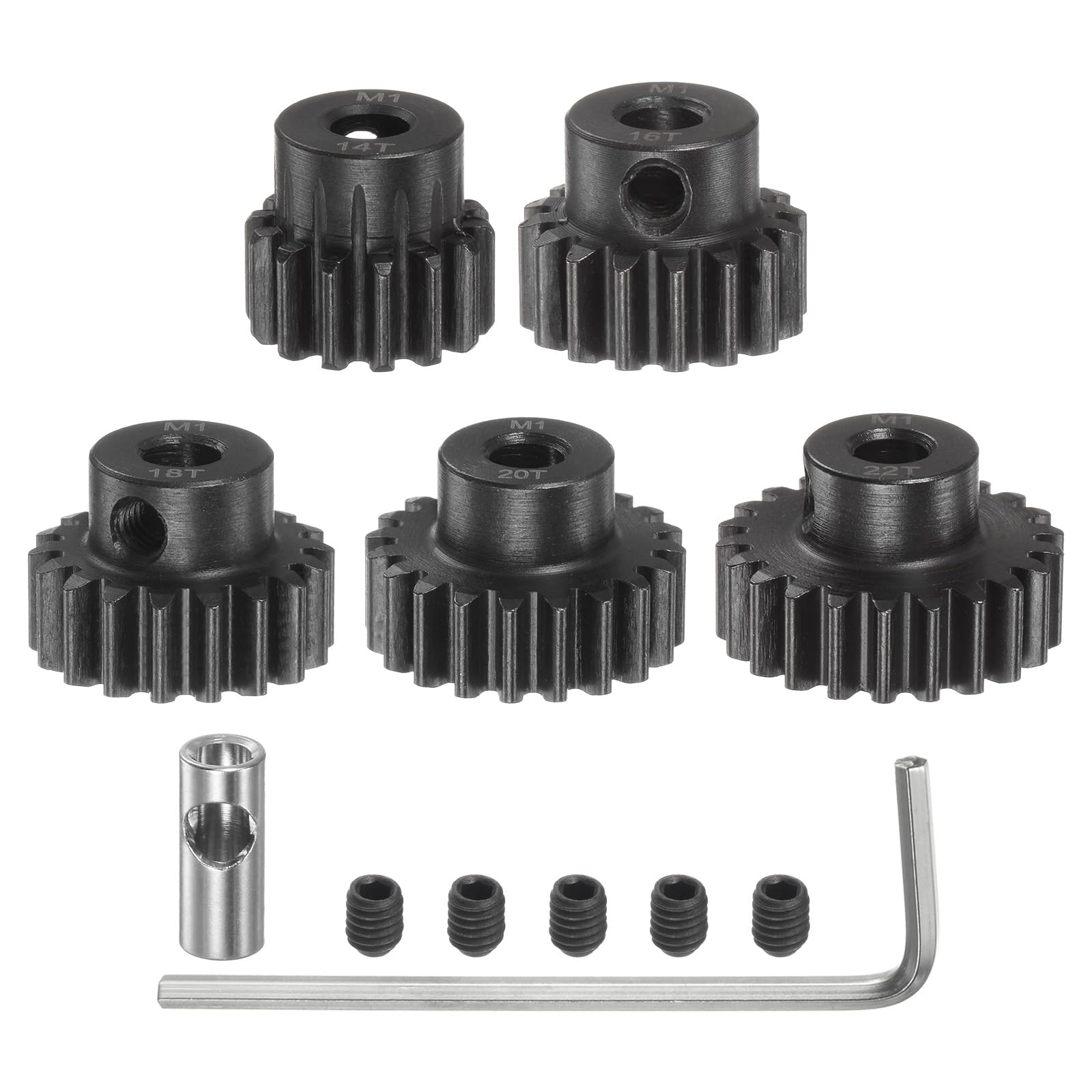 QUARKZMAN Ensemble de Pignons M1 Mod1 pour Engrenage de Pignon 5mm d'Arbre 14T 16T 18T 20T 22T en Acier Trempé avec Accouplement de 3,17mm pour Voiture RC (5 Pièces)