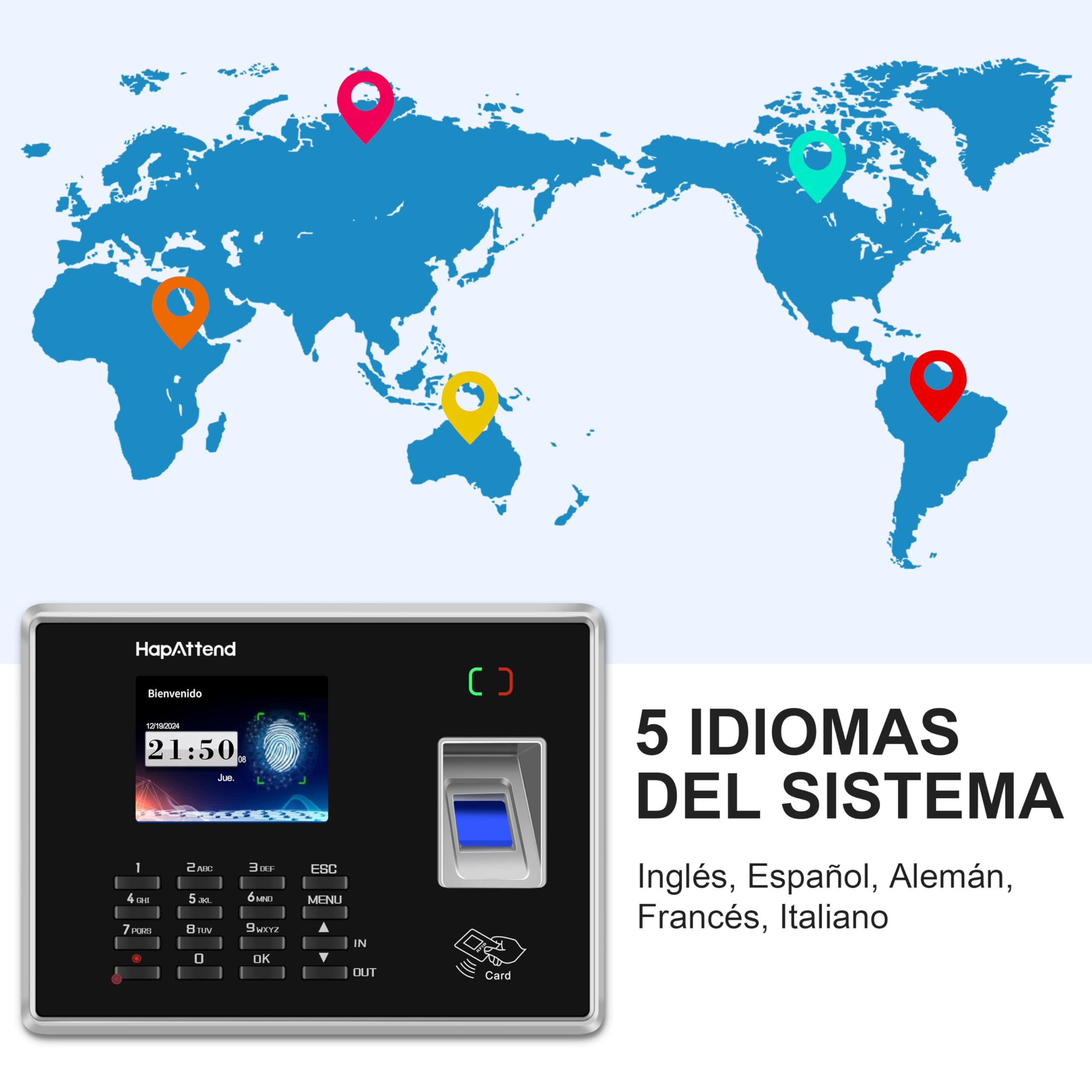 Control Horario Empleados, Español Maquina de Fichar con Huella Dactilar, RFID Tarjetas, Reloj de fichar de hasta 1000 usuarios Sin Conexión Internet Registro de Tiempo para pequeñas - H2