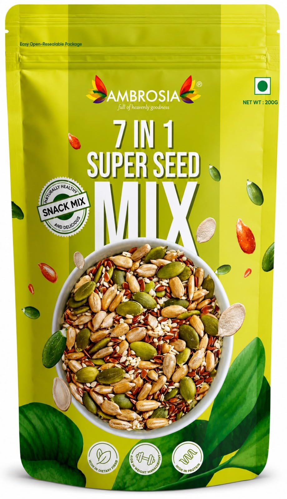 Ambrosia Super Seed Trail Mix - 7-1 200 g | Flax, Pumpkin, Sunflower, Chia, Melon, White Sesame & Diced Nuts Almonds | Edible Seeds | Healthy Seed Snacks | 100% Natural| Fiber Rich Seeds-image-15