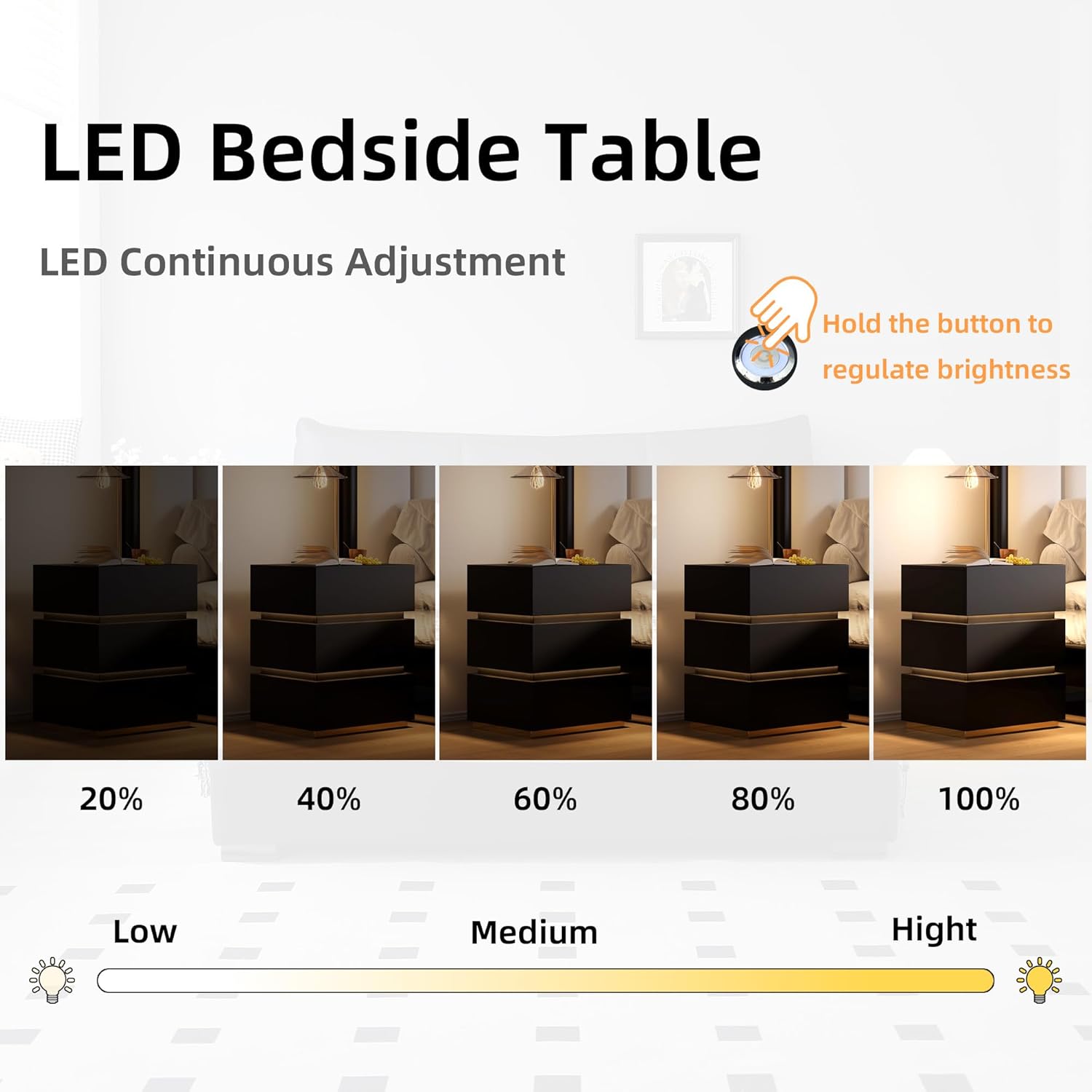 Black Nightstand, LED Bedside Table with 3 Storage Drawers, Modern End Table with Charging Ports & Outlets, Bedside Tables for Living Room/Bedroom