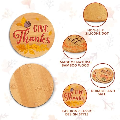 Miniatura 3 de Portavasos de madera para Acción de Gracias, juego de 6 posavasos redondos de bambú para protección de mesa, botella de vidrio resistente al calor,