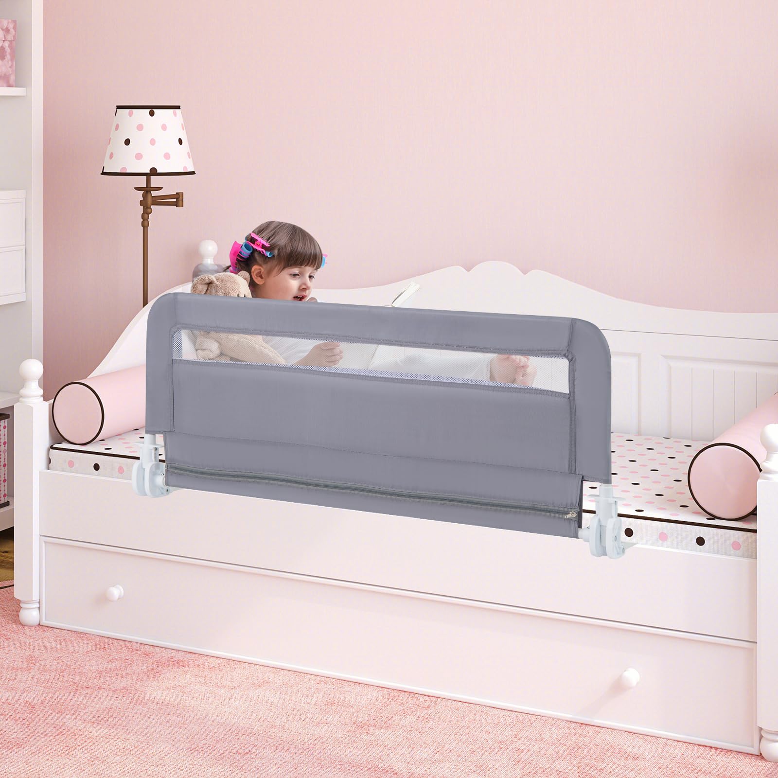 GOPLUS Barrera de Cama Plegable para Niños (Gris)
