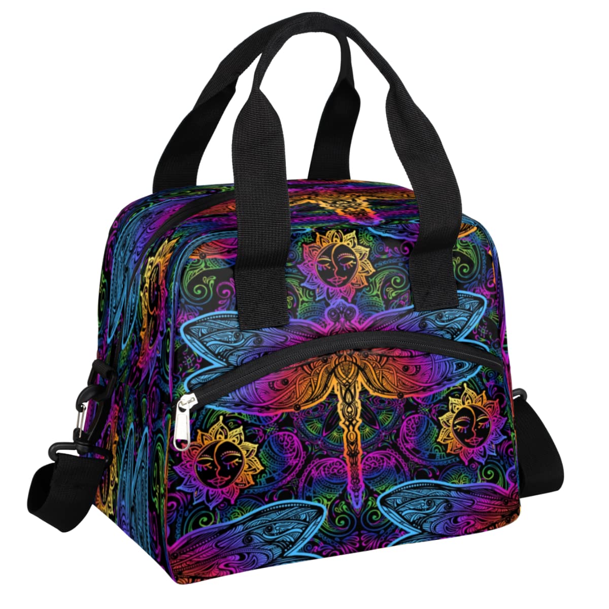 Bohemian Colorful Insulated Lunch Bags for Women Men Ethnic Dragonfly Reusable Lunch Box Shoulder Strap Tote Lunch Bag Cooler Thermal Bag for School Work Travel Office Picnic Girls Boy Adult