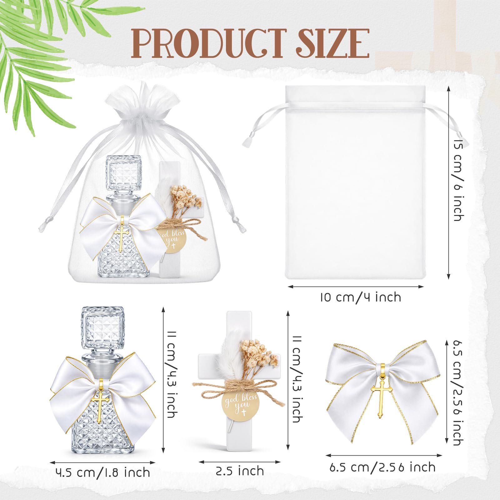 Chuangdi 40 Stück Taufgeschenke für Gäste, 10 Stück klare christliche Glasflasche, 10 Holzkreuzmagnete mit Blume, 10 Schleifen mit Goldkreuz, 10 Organzabeutel für die Erstkommunion, Kirche