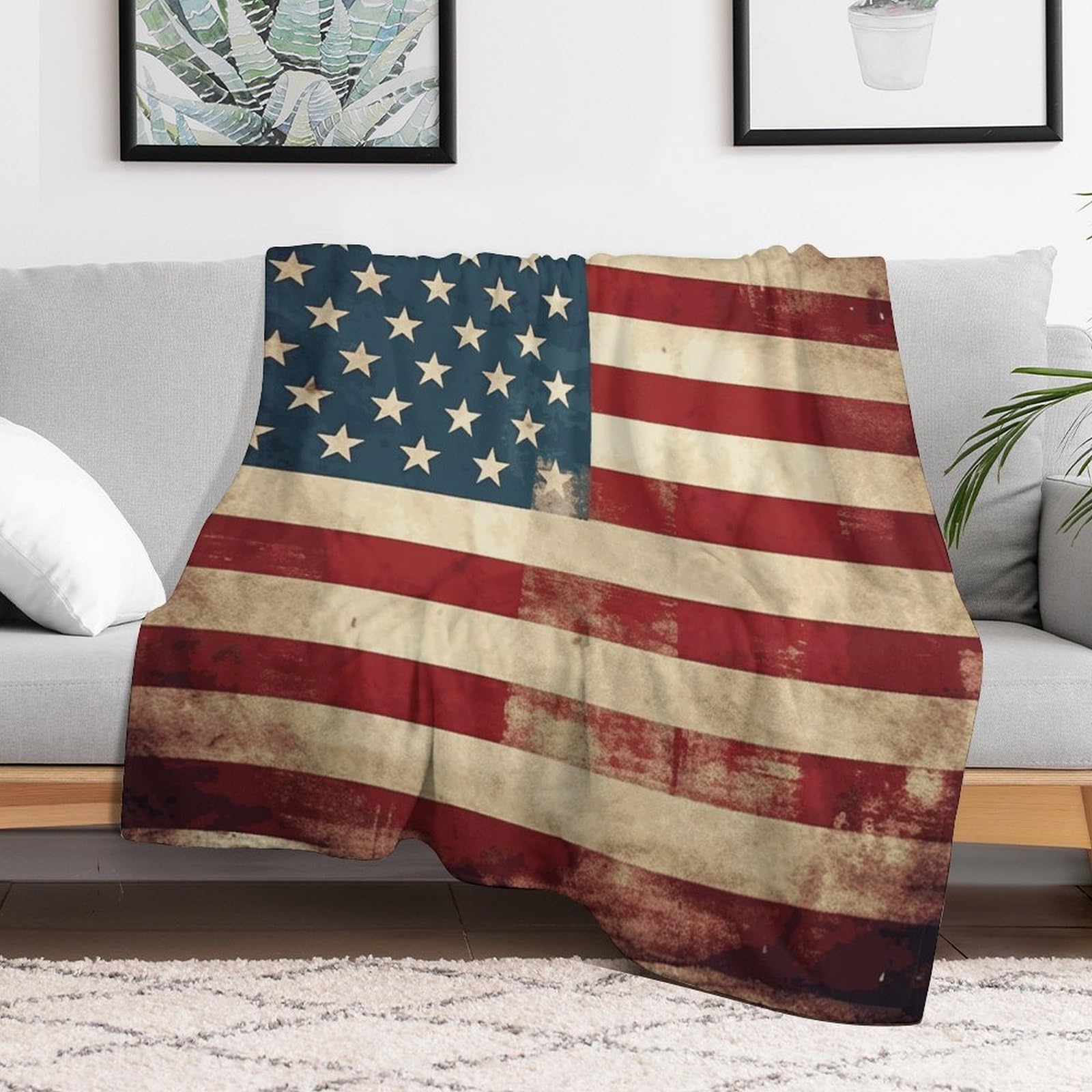Custom Vintage American USA Flag Blanket Lightweight Flannel Fleece Throw for Couch Sofa Bed Luxury Soft Cozy Plush Lap Bedtime Blanket for All Seasons Bedroom Home Decor Gifts 50x60