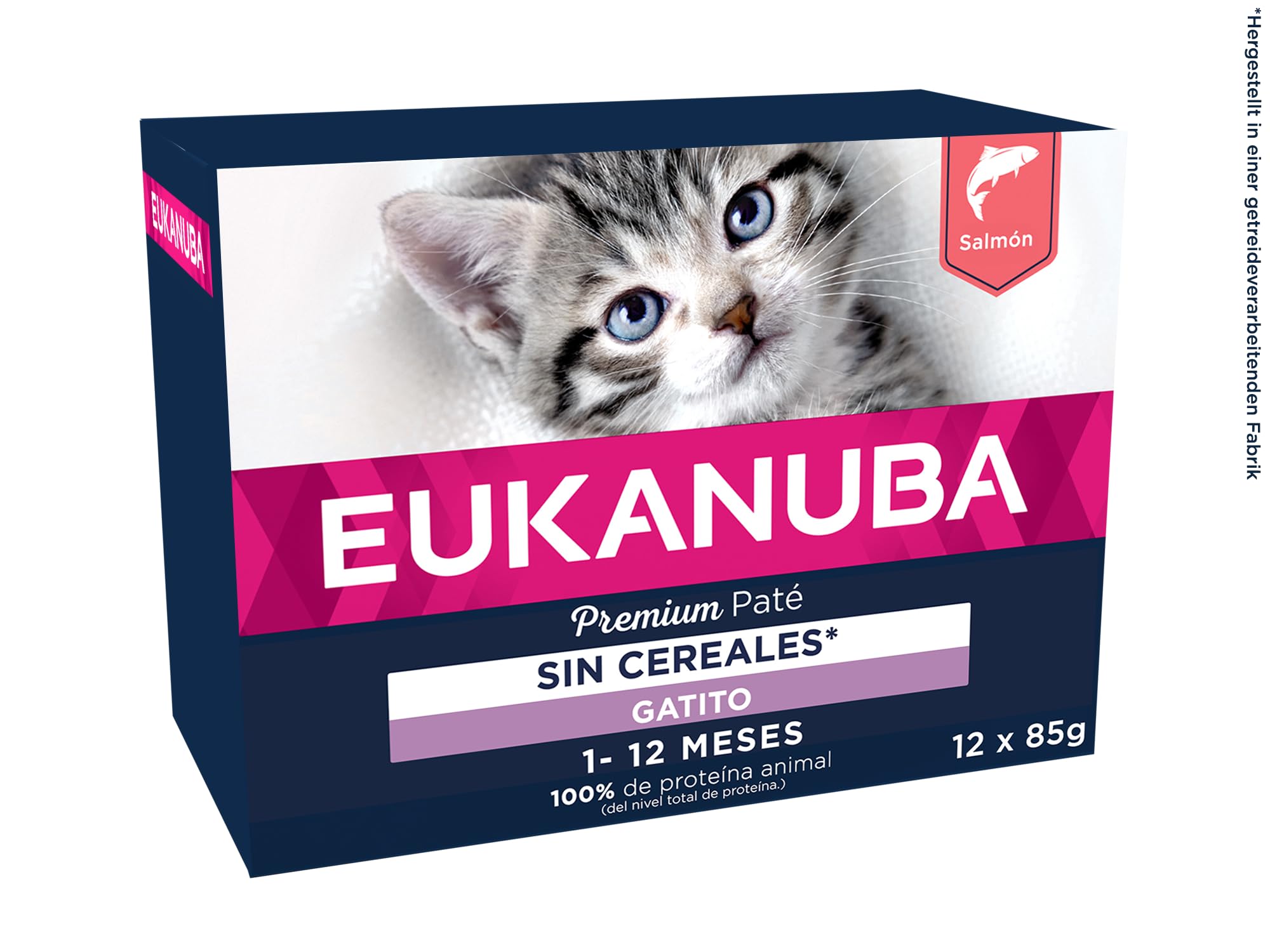 EUKANUBA Grain Free Alimento Húmedo para Gatitos en Crecimiento, Alimento Húmedo Premium Rico en Salmón para Gatitos, 12 x 85 g